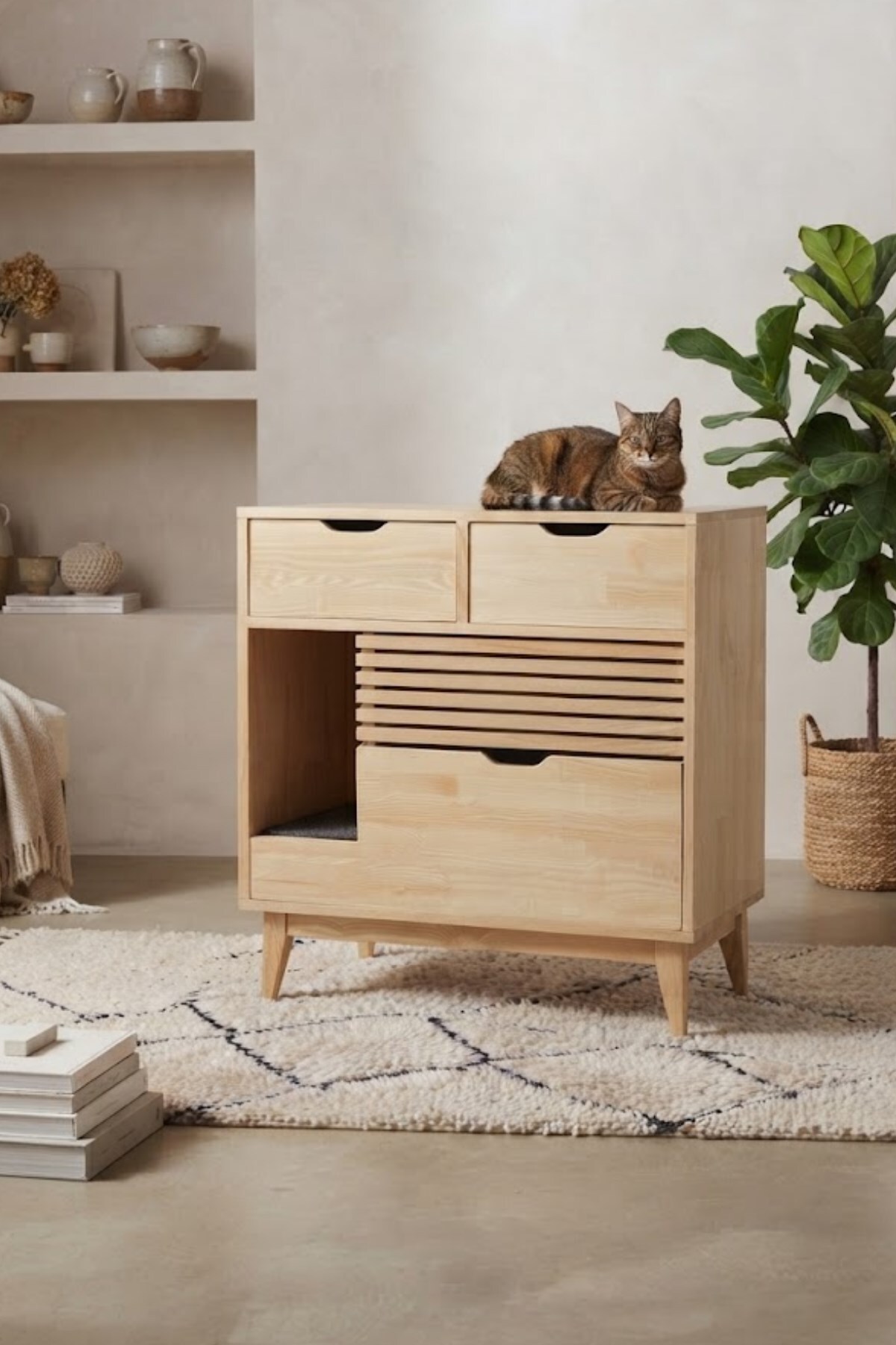 کمد توالت گربه ریو Reyo، سری Pet Premium Zenith Duo، دوکشویی از چوب جامد چوبی