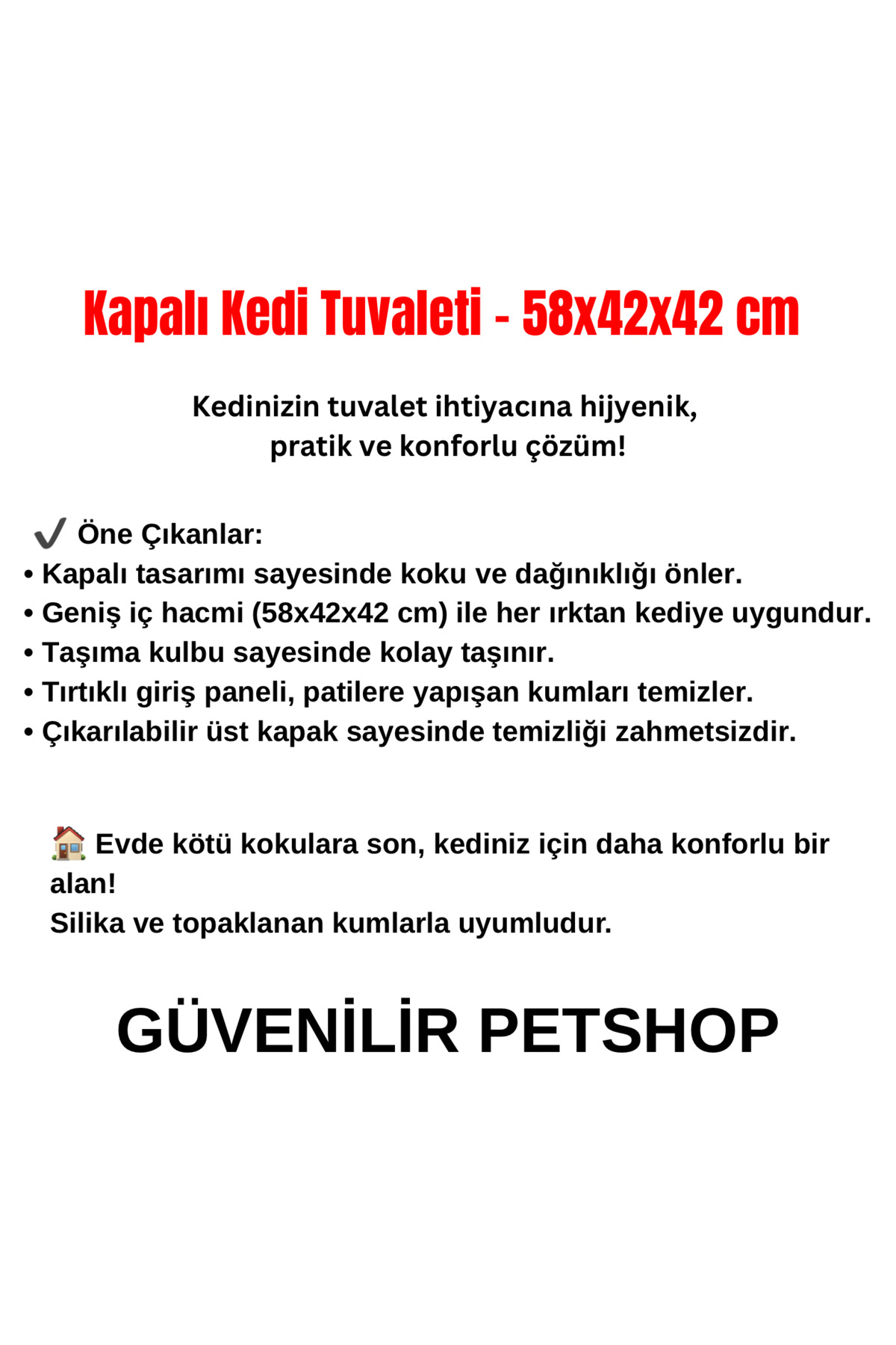 توالت گربه سرپوشیده گونی Güney با درب مقاوم در برابر شکستگی، فیلتر و بیلچه، 58×42×42 سانتی‌متر، مدل LİLA1453