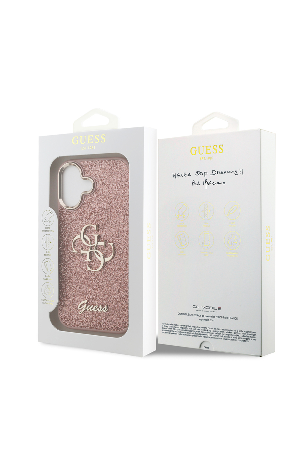 کاور و قاب محافظ آیفون 17 دارای مجوز 4G GLITTER با دوربین فلزی بزرگ لوگو صورتی اورجینال Guess