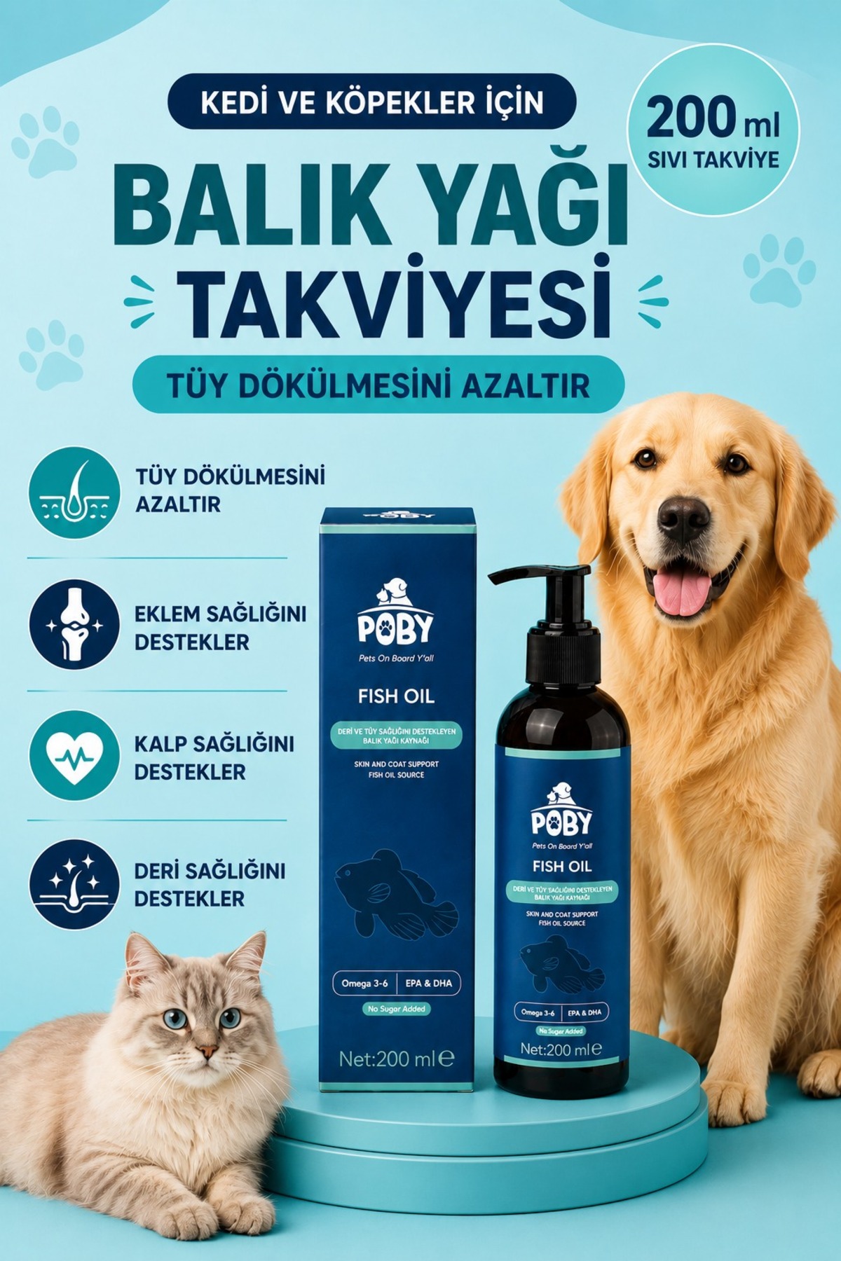 بسته مکمل گربه پوبی پت کلاب Poby Pet Club مدل MuhteşemTüy؛ روغن ماهی، خمیر مولتی‌ویتامین و قطره Plus B