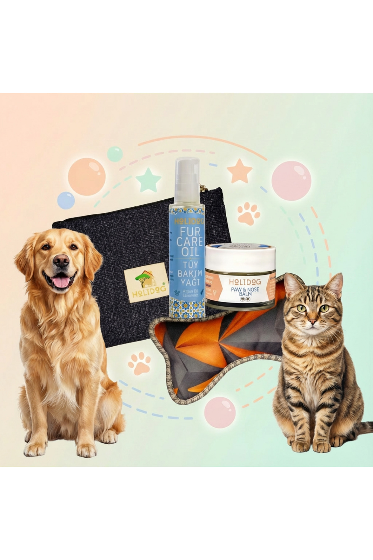 ست مراقبت سگ هولیداگ Holidog با روغن مراقبت از مو و بالم پنجه و بینی، همراه کیف هدیه
