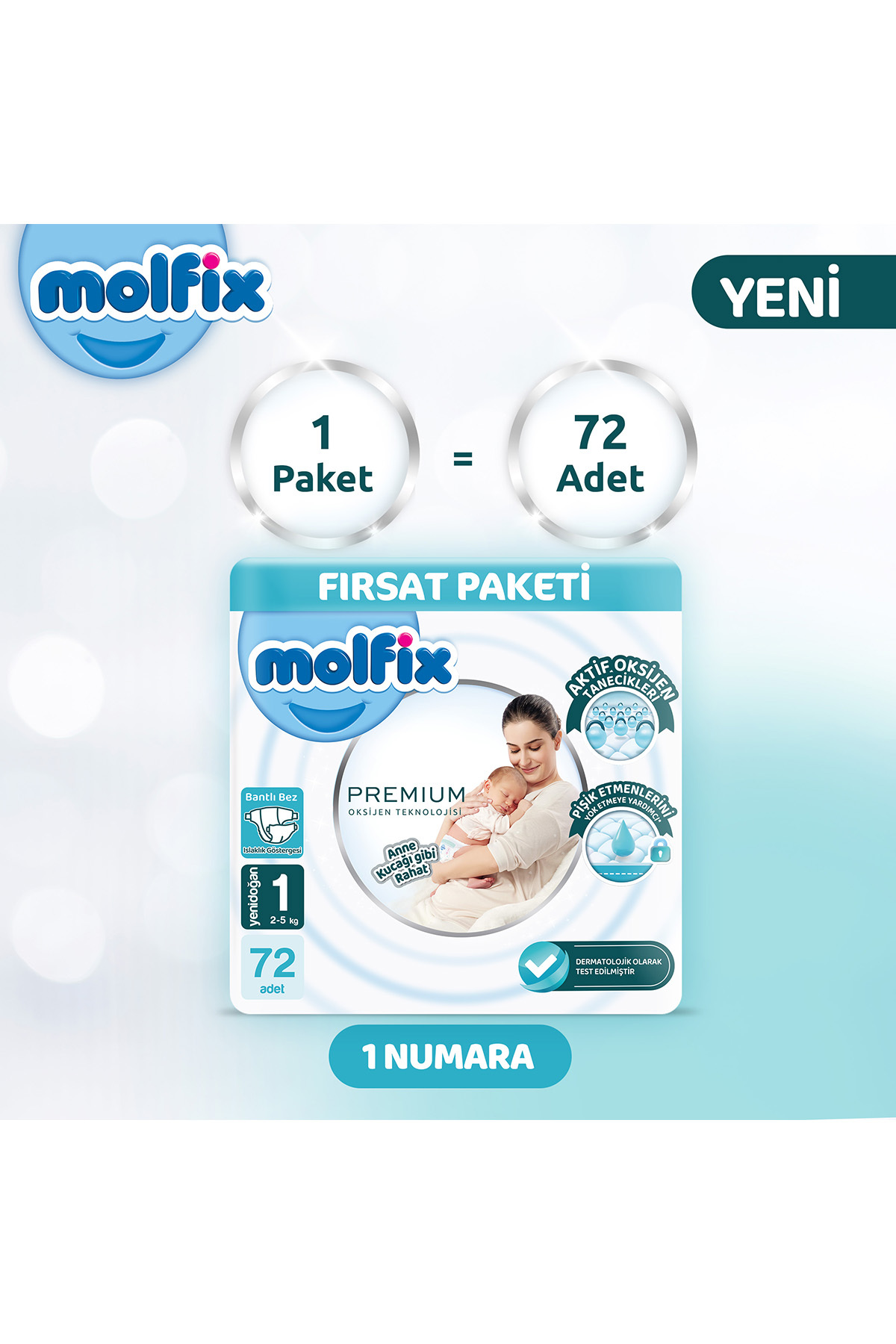 پوشک بچه پکیج پرمیوم فرصت 1 سایز 72 عدد اورجینال Molfix