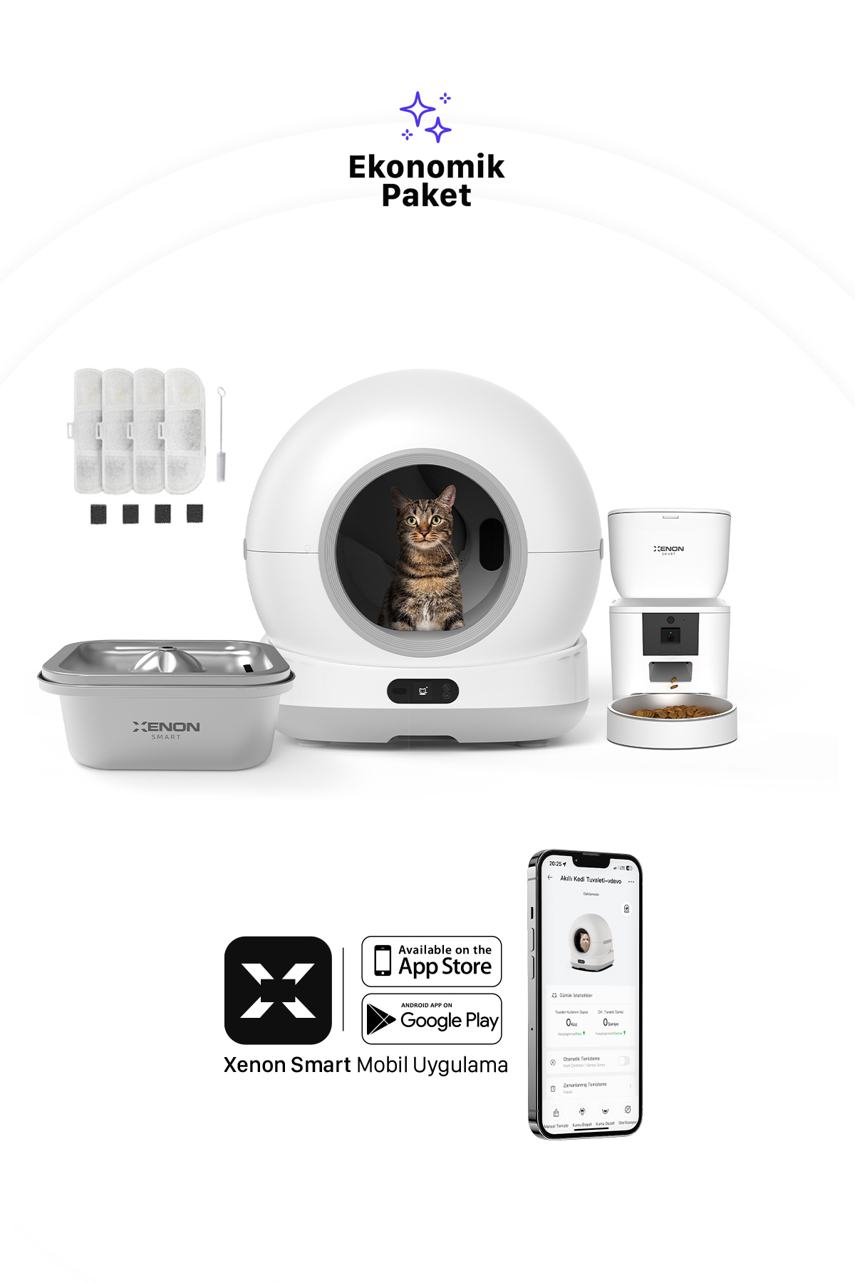 ست ۴ پارچه لوازم گربه زنون اسمارت Xenon Smart، با توالت خودکار دوربین‌دار، ظرف غذای سفید و فواره آب استیل، مدل B04878600008