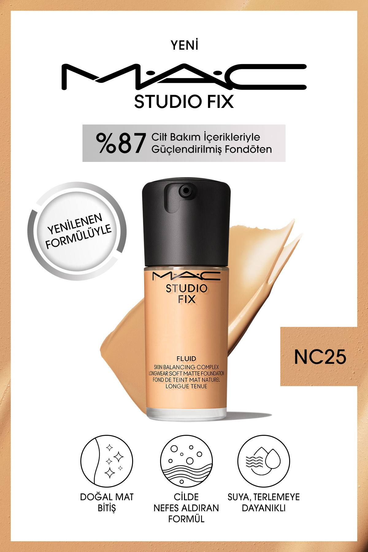 کرم پودر بنیاد MATT دائمی تا 24 ساعت استودیو FIX FLUID SPF15 رنگ: NC25 30ML Mac