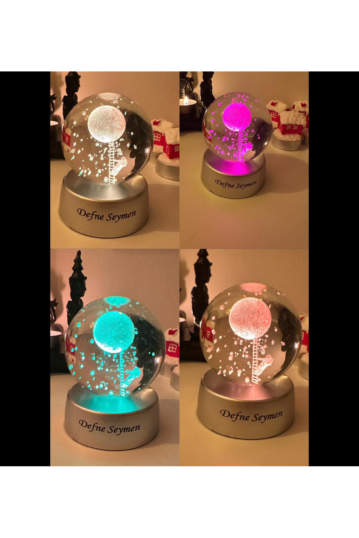 گوی برفی تغییر رنگ شخصی شده با LED روشنایی شیشه ای GLASS GLOBE ASTRONAUT MOON LAMP SNOW نام را می توان نوشت از ترکیه HEDİYEBİZİZ