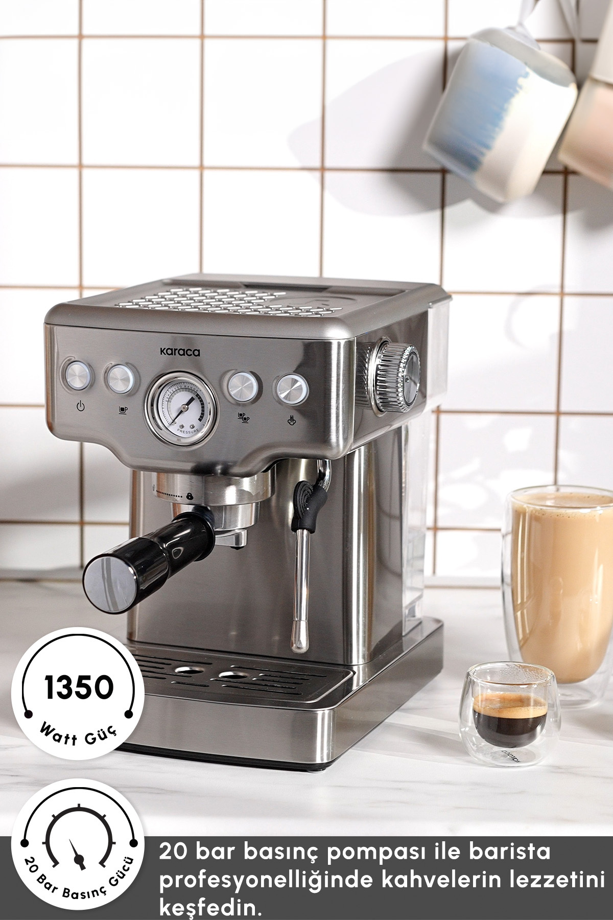 دستگاه اسپرسو و کاپوچینو COFFEE ART 1353 20 BAR PRESSURE PRESSO, LATTE CAPPUCCINO AMERICANO MACHINE WITH MILK FROTHER اورجینال Karaca