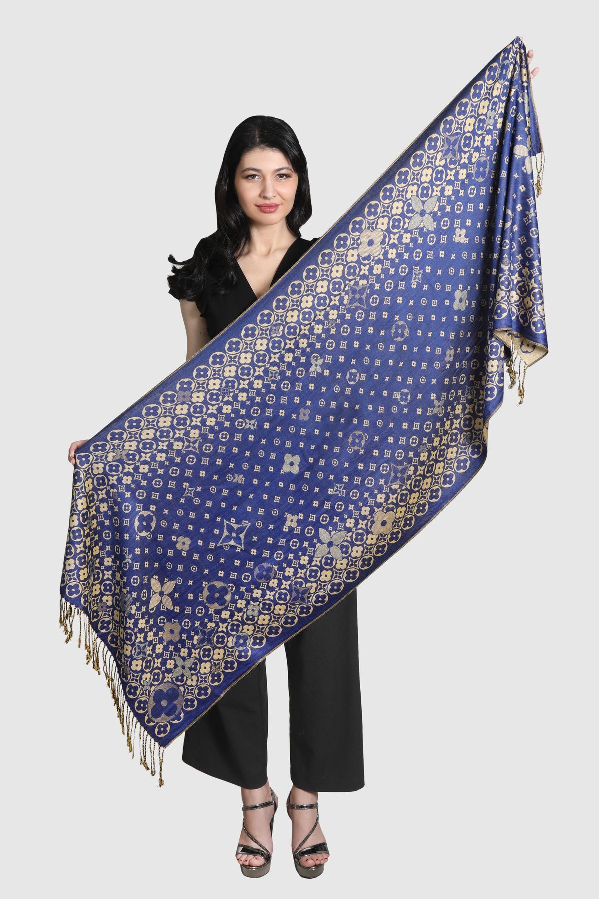 شال پشمینه میستیک Mystic، آبی ساکس و طلایی، مدل MS-351 زنانه
