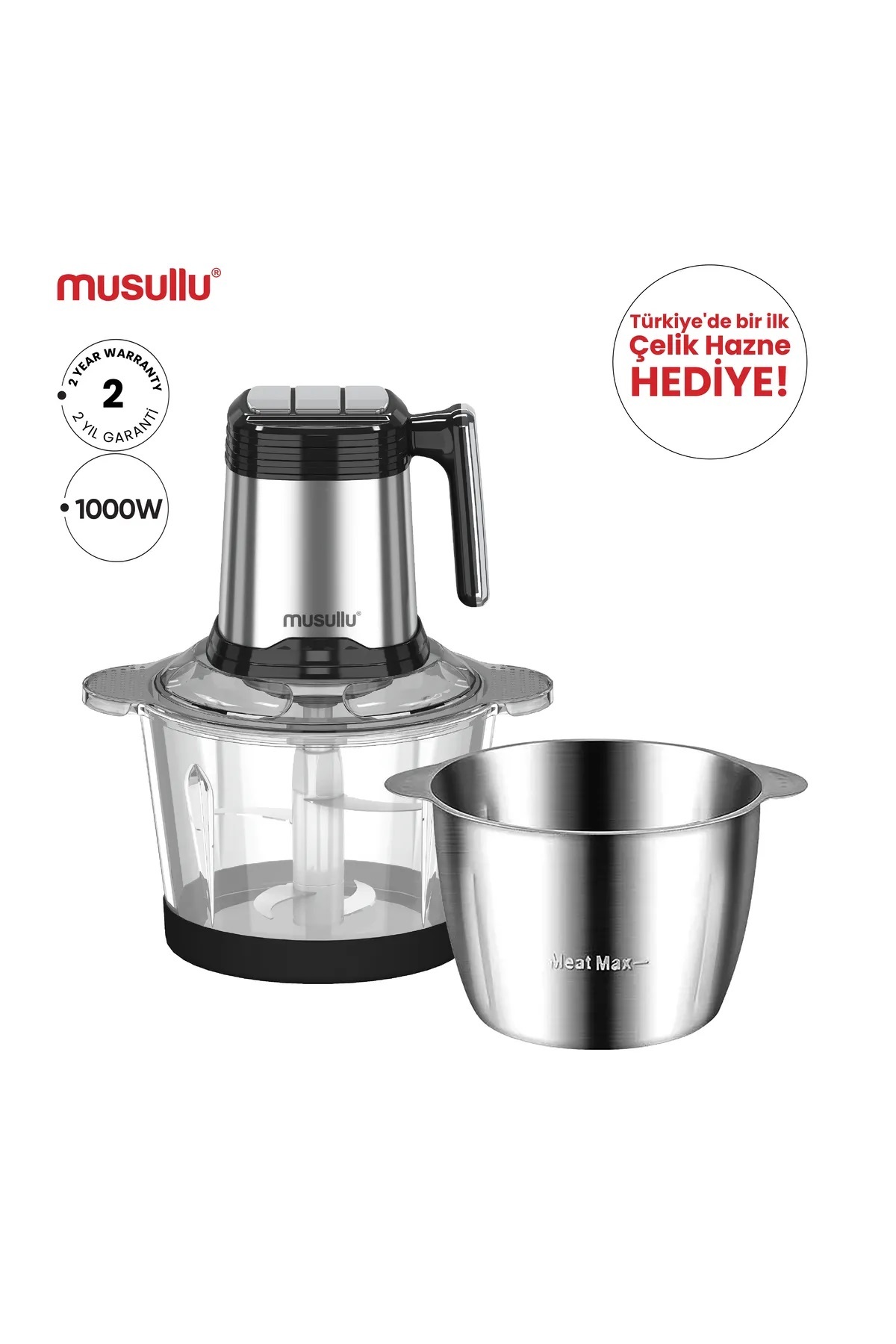 خردکن و غذا ساز RONDO BLENDER CHOPPER 2 LT STEEL &amp; PLASTIC BOWL MSL 1221 اورجینال Musullu