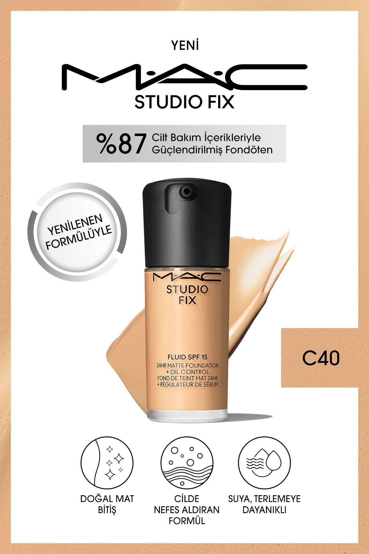 کرم پودر پایه دائمی MATT تا 24 ساعت استودیو رفع سیال SPF15 رنگ: C40 30ML Mac