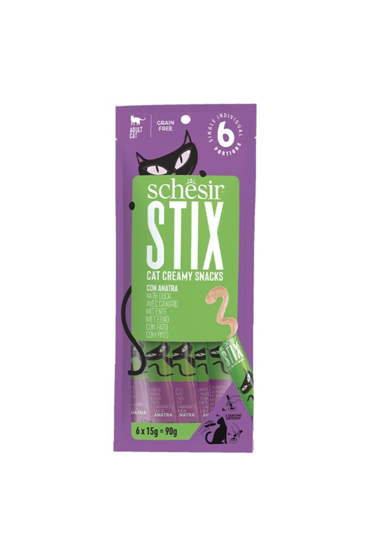 تشویقی مایع گربه شسیر Schesir Stix با طعم اردک، ۶×۱۵ گرم