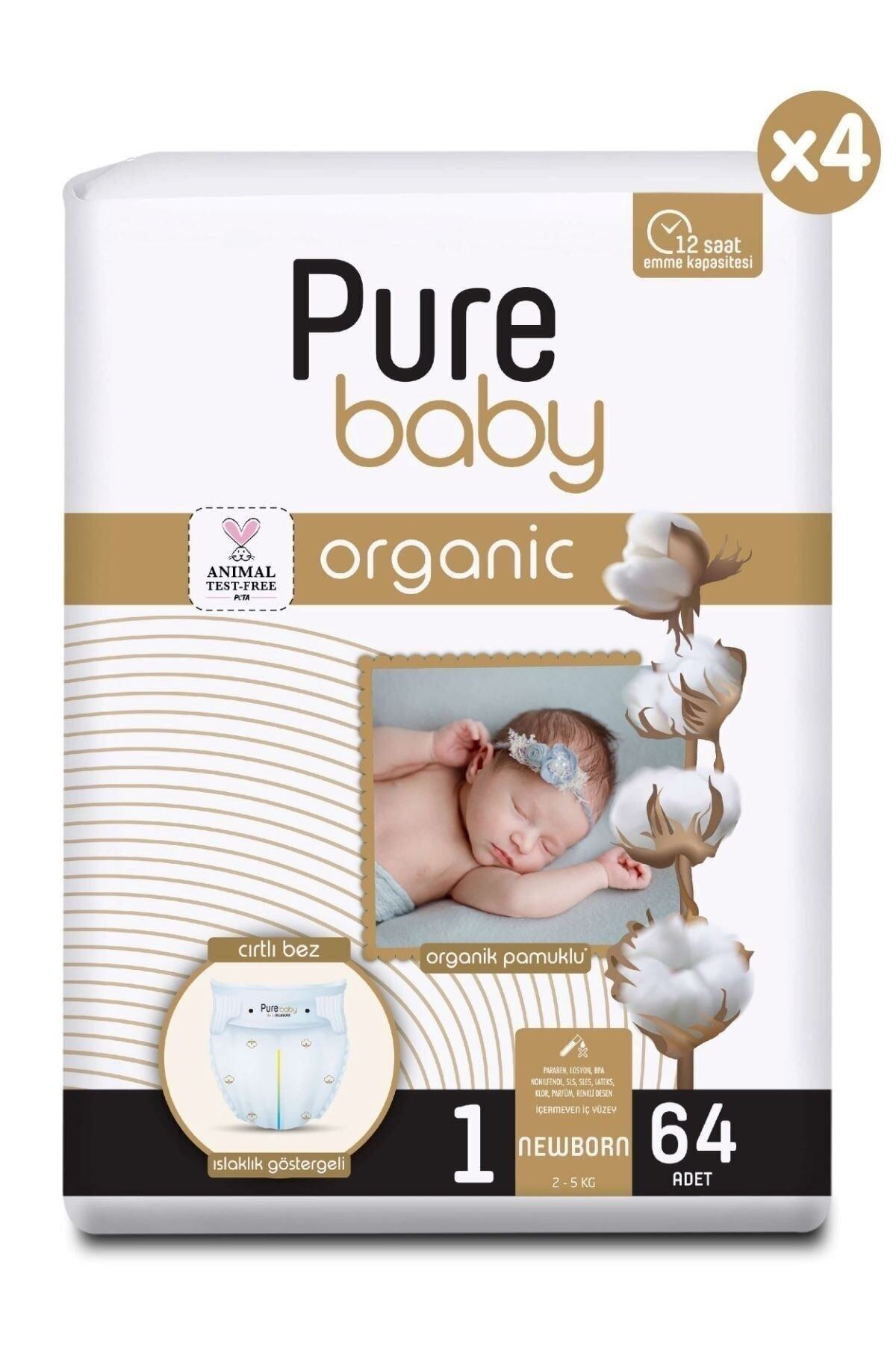 پوشک بچه مخملی پنبه ای ارگانیک 4 بسته سایز 1 نوزاد 256 عددی اورجینال Pure Baby
