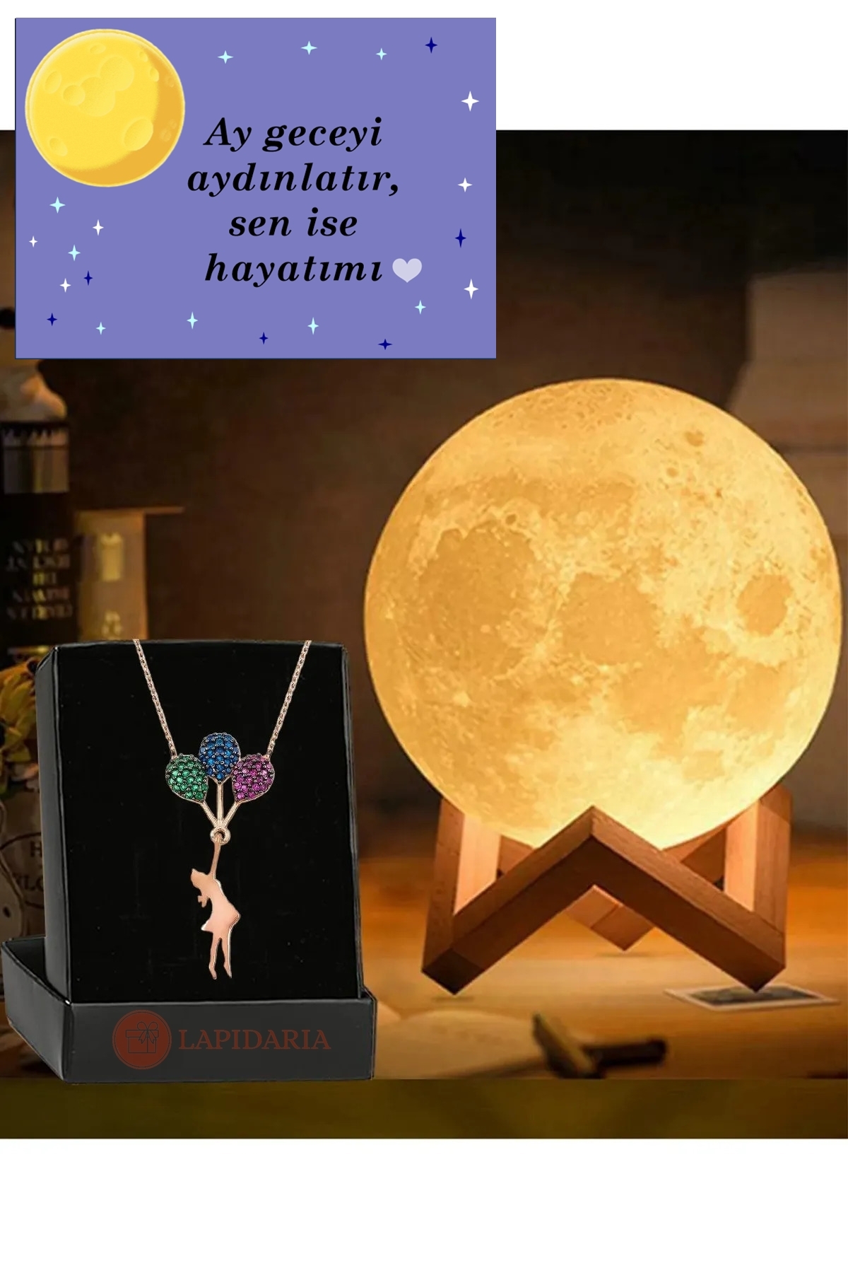 گوی برفی چراغ شب ماه پایه چوبی سه بعدی با گردنبند دخترانه بالون پرنده هدیه گلوب خواب LED از ترکیه Lapidaria
