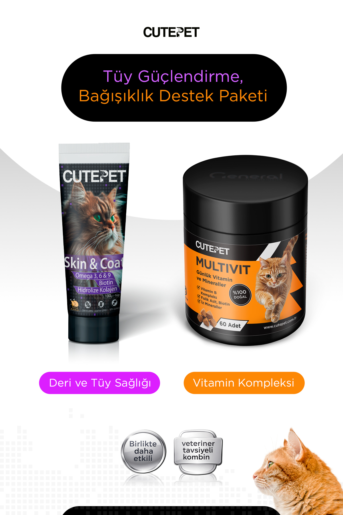 مکمل قرصی گربه کیوت‌پت CutePet، بسته حمایتی ایمنی و تقویت مو، مدل Cute-0023