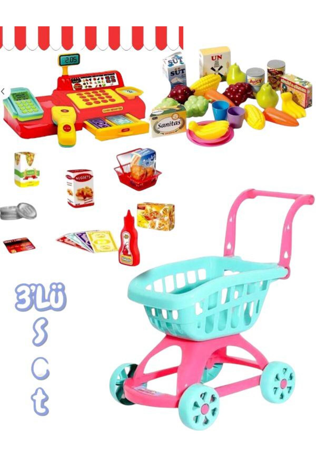 عروسک های اسباب بازی و لوازم جانبی کالسکه PINK MARKET + صندوق نقدی شامل 40 عدد میوه سبزی در بسته بندی فایل 3 عددی SAZE