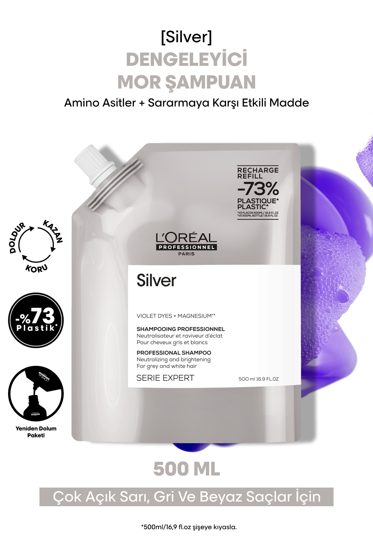 شامپو مردانه و زنانه SERIE EXPERT SILVER بسیار سبک زرد خاکستری سفید رنگ مو متعادل کننده پرپل بنفش L'oreal Professionnel