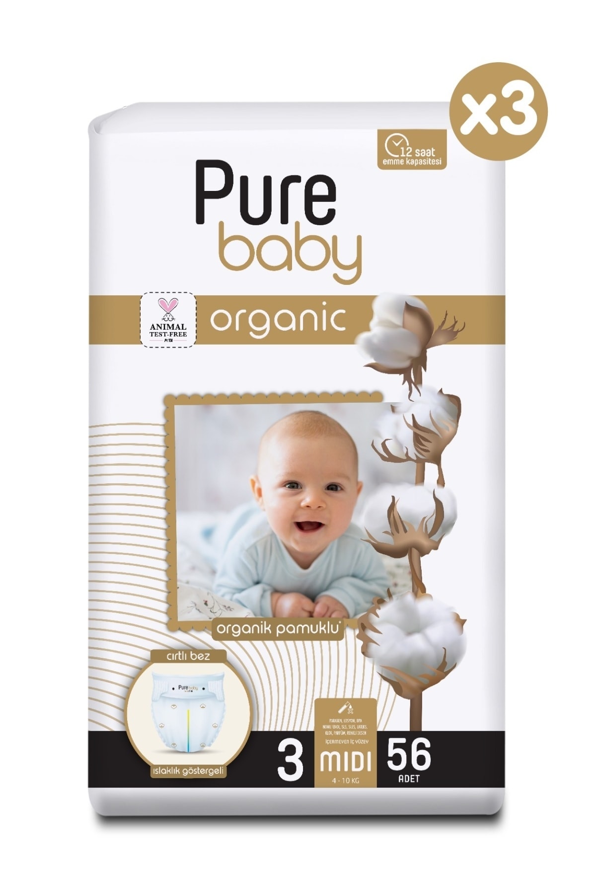 پوشک بچه پارچه مخملی پنبه ای ارگانیک 3 بسته اندازه میدی 168 اورجینال Pure Baby
