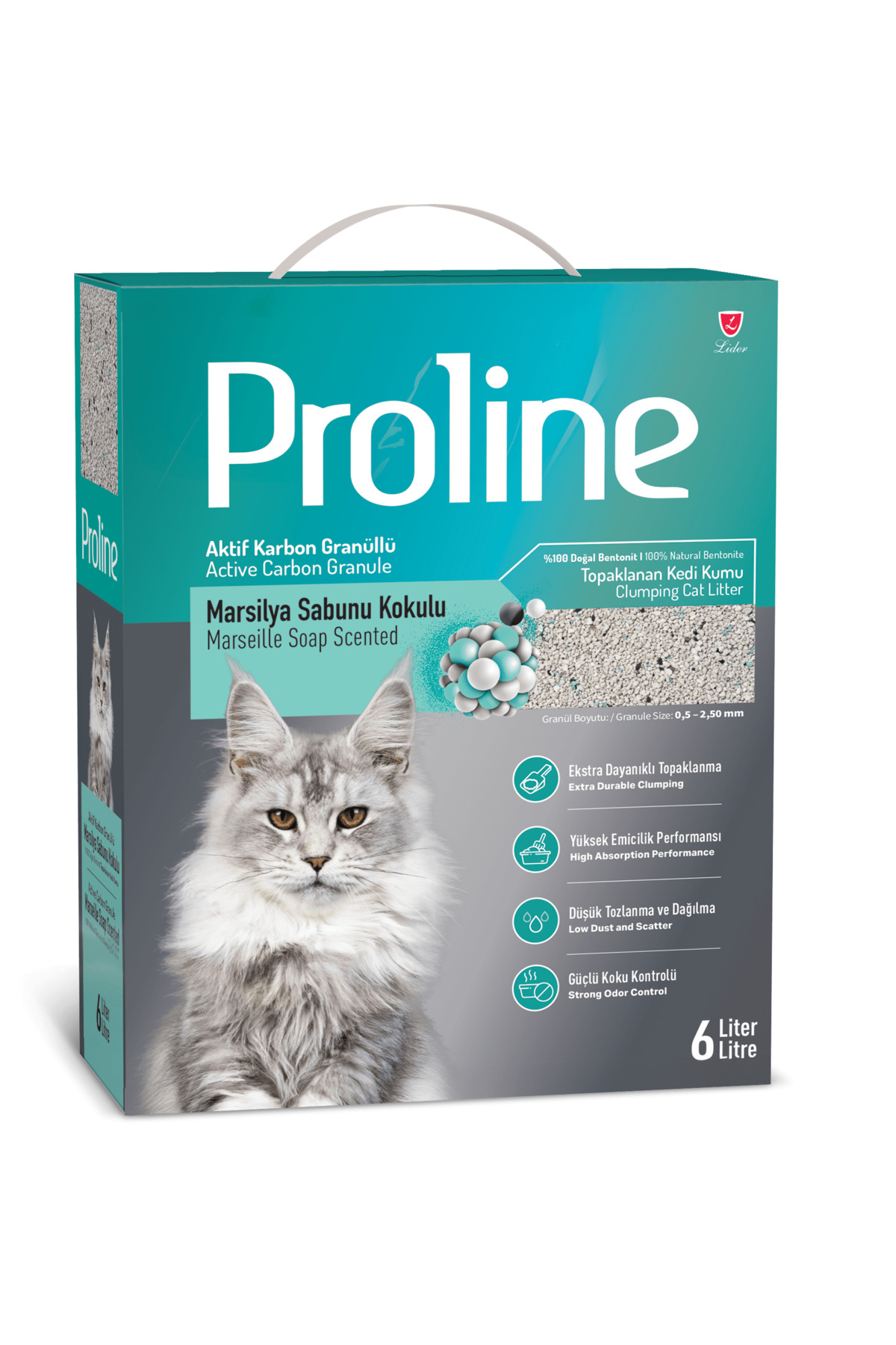 خاک گربه پرولاین Proline مدل TT-201-4، دانه‌ریز و بنتونیتی با کربن فعال و رایحه صابون مارسی، ۴×۶ لیتر