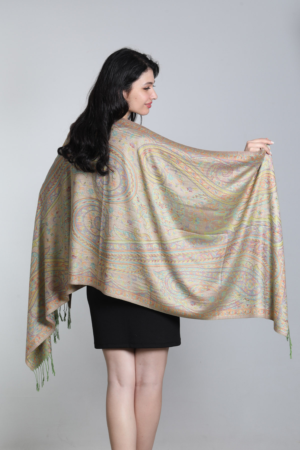 شال زنانه دورو ۱۰۰٪ ابریشم میستیک Mystic مدل MS-406، بژ چندرنگ