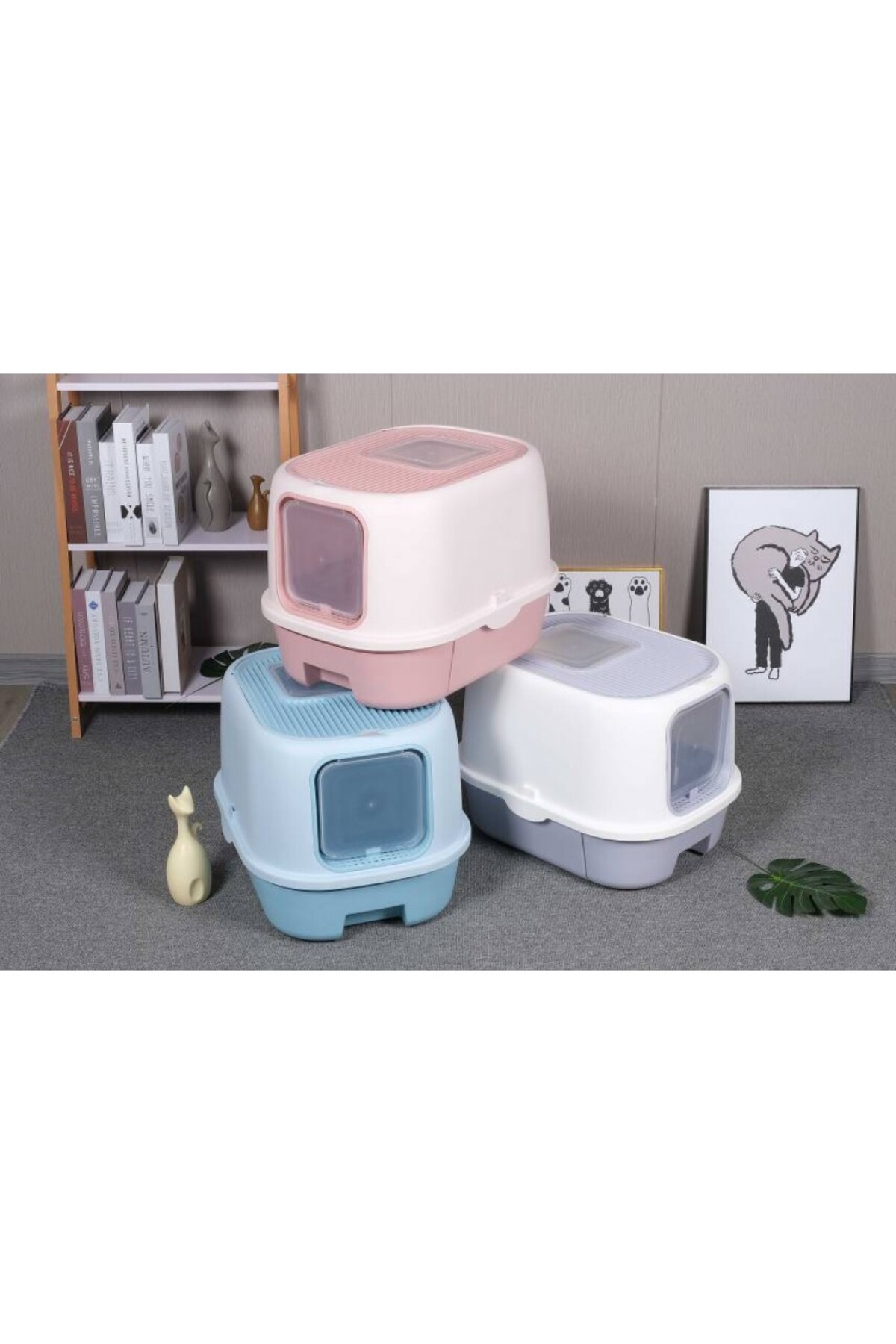 توالت گربه دربسته کشویی پتس هوم PETS HOME، همراه با بیلچه آبی
