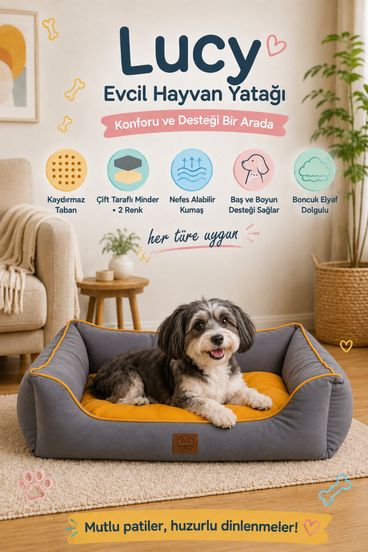 تخت بالش‌مانند سگ یونگو پتس Jungo Pets مدل Lucy JPP51، خاکستری و خردلی
