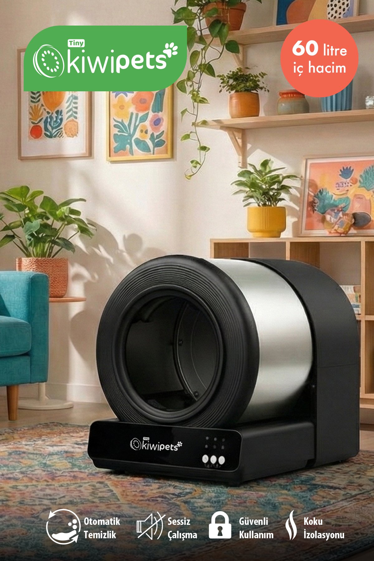 توالت گربه خودتمیزشونده و هوشمند تاینی کیوی‌پتس Tiny Kiwipets، مدل KPLB-10771S، با ظرفیت ۶۰ لیتر و بوگیر، مشکی