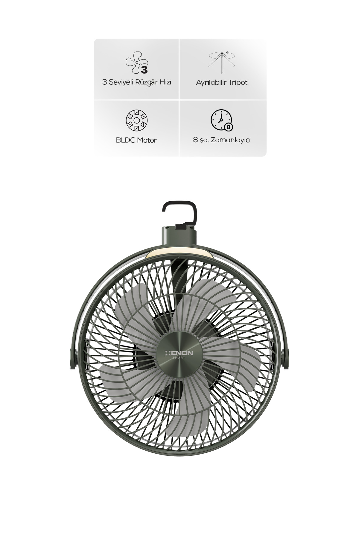 پنکه کمپینگ قابل‌حمل زنون اسمارت Xenon Smart، مدل X7434-M1، باتری ۸۰۰۰ میلی‌آمپرساعتی، سه‌پایه‌دار و چراغ‌دار سبز