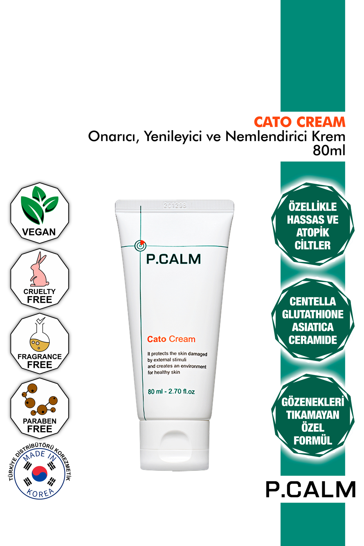 کرم صورت P.CALM GLUTATHIONE CENTELLA و CERAMID تعمیر احیا کننده مرطوب CATO 80ML سنتلا P Calm