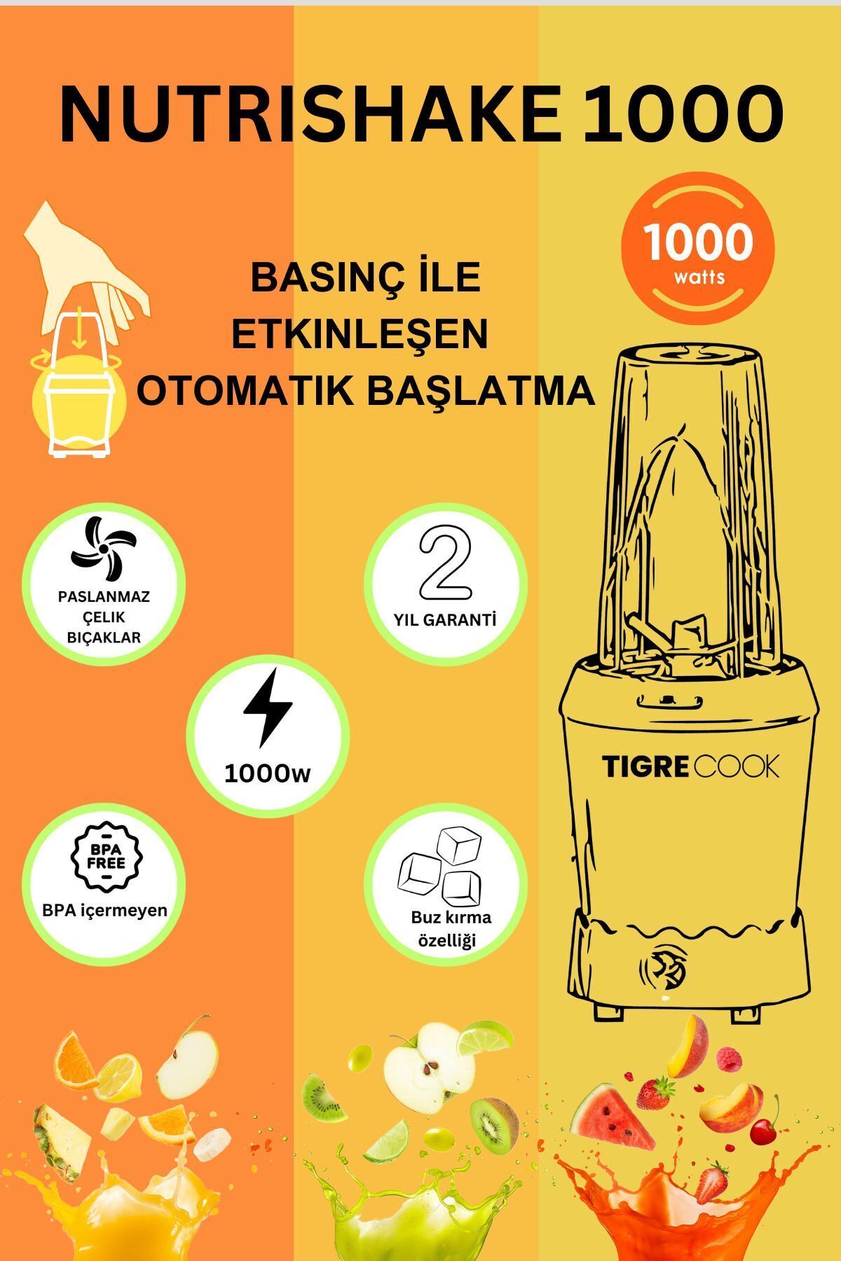 مخلوط کن شخصی اسموتی و آسیاب ادویه قهوه NUTRISHAKE 3 در 1 با تیغه های فولادی ضد زنگ 1000 GRI اورجینال TIGRECOOK