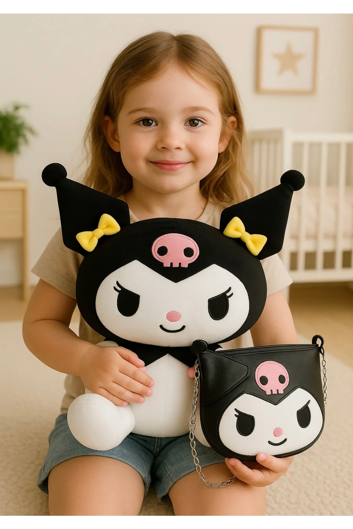 اسباب بازی های پشمی کیف چرمی 40 سانتی متری پلاس KUROMI – ست هدیه POLLYTOYS PELÜŞ OYUNCAKTA DÜNYA MARKASI