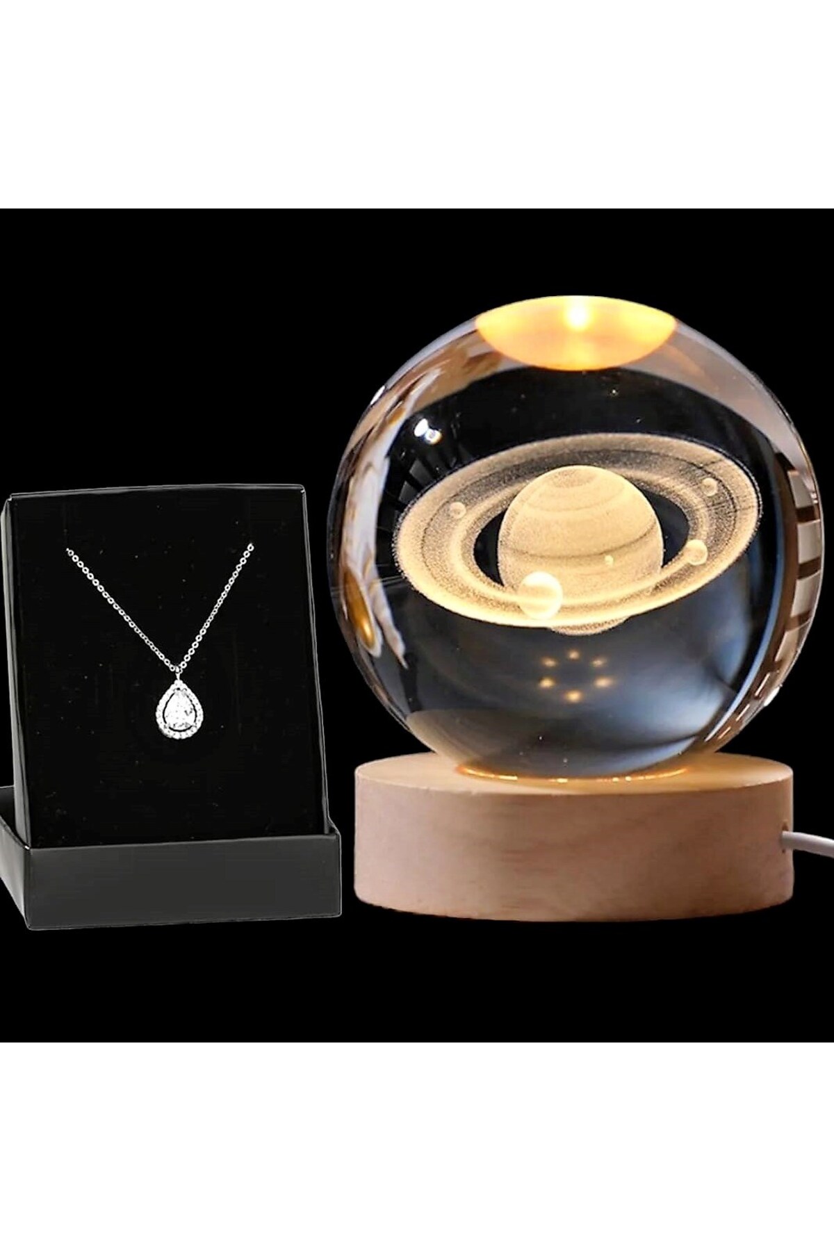 گوی برفی گلوب شیشه ای سیاره زحل درخشان و گردنبند قطره از ترکیه Hediyezen
