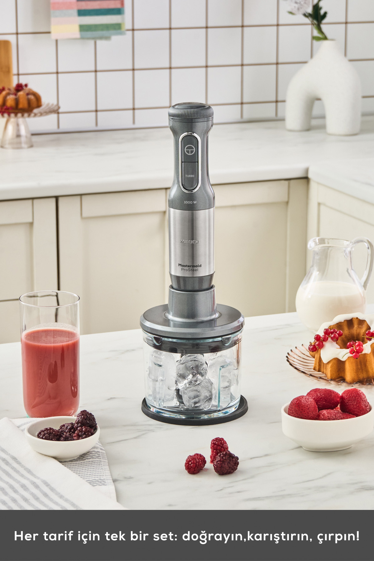 ست مخلوط کن بلندر 1000 واتی MASTERMAID PROSTEEL با کاسه شیشه ای گلکسی گری اورجینال Karaca