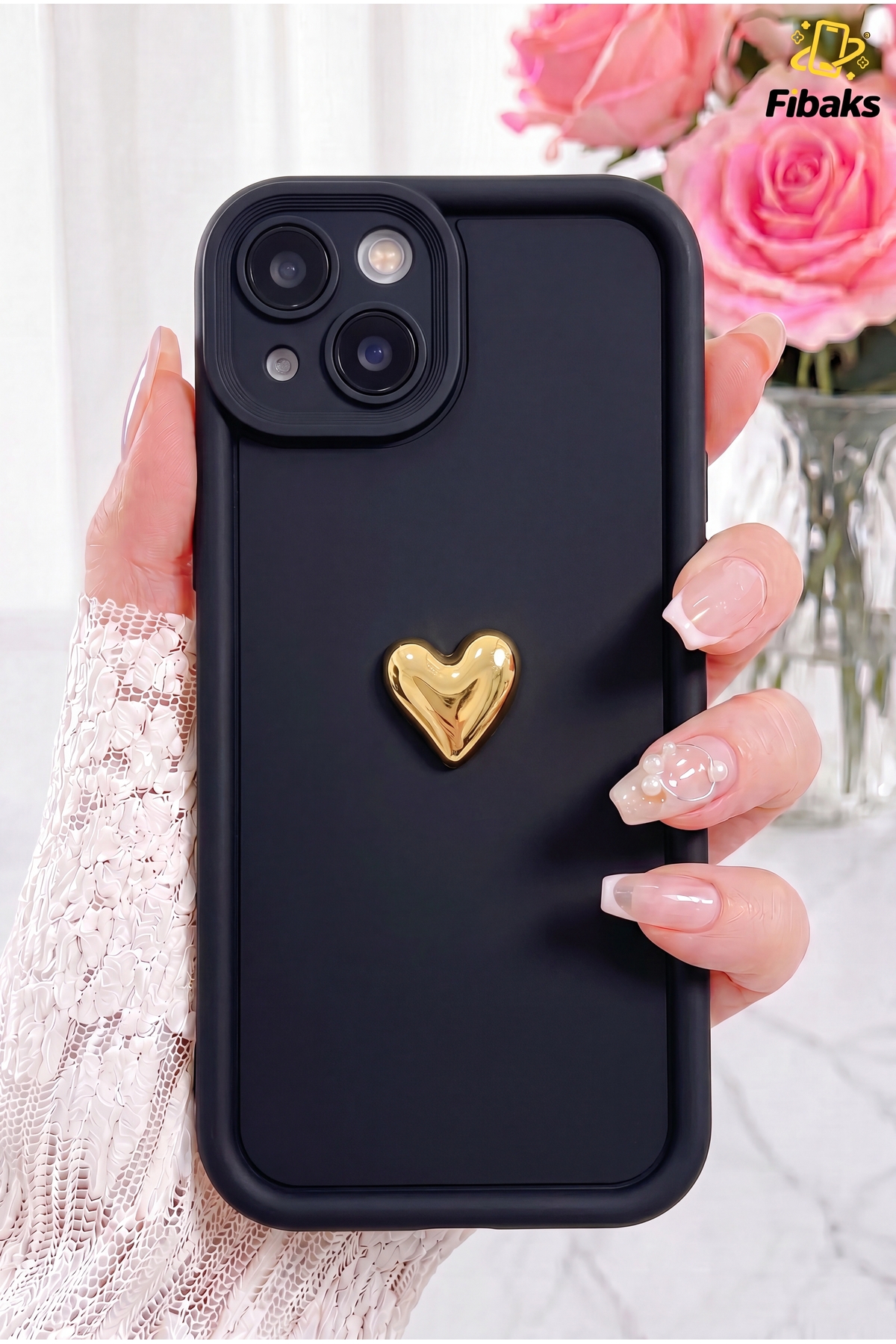 کاور و قاب محافظ سیلیکونی دوربین نرم با طرح مشکی قلب سه بعدی APPLE IPHONE 13 فیبکس Fibaks