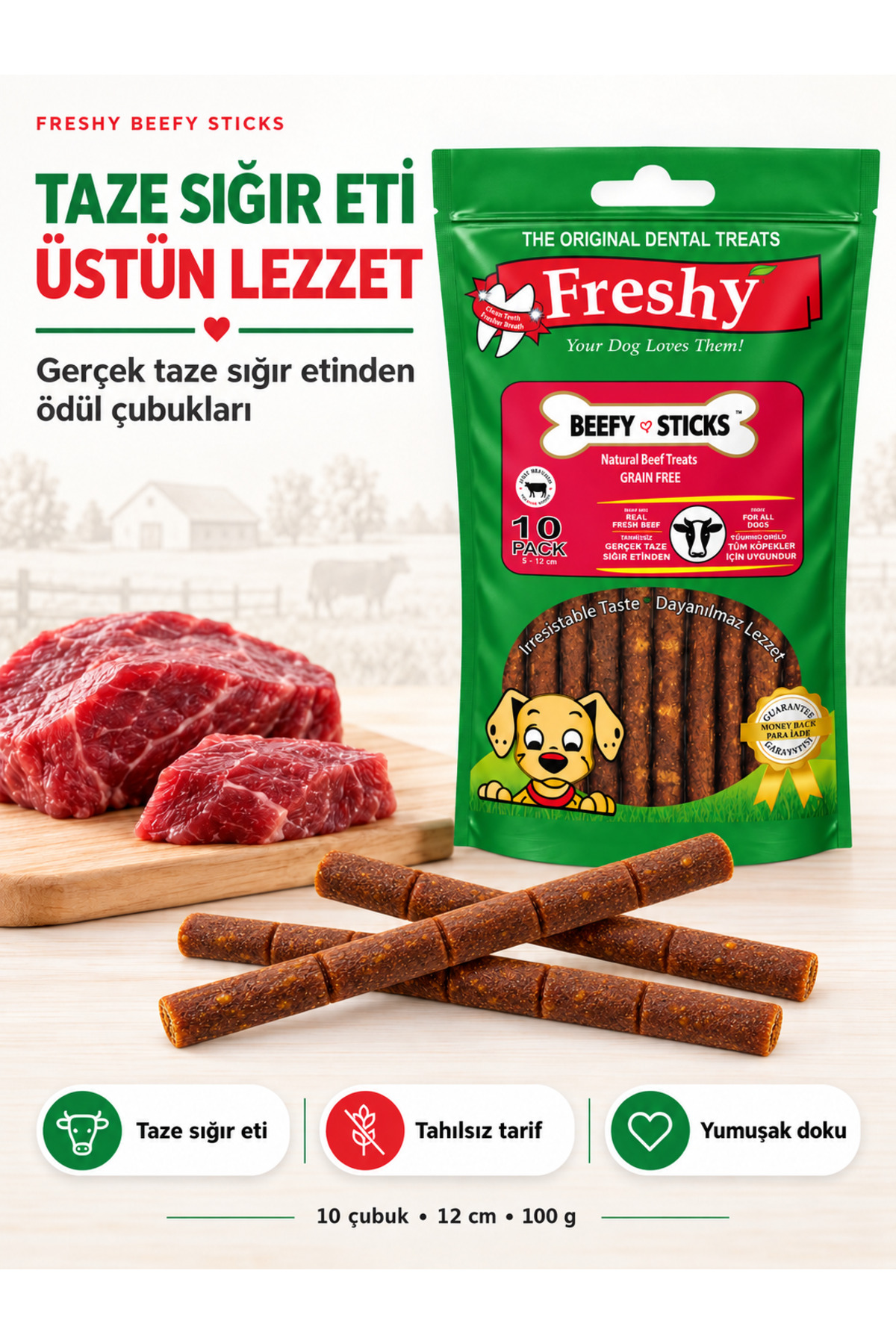 تشویقی نرم و بدون غلات سگ فرشی Freshy Beefy Sticks، ۱۰ عدد، ۱۲ سانتی‌متر، ۱۰۰ گرم