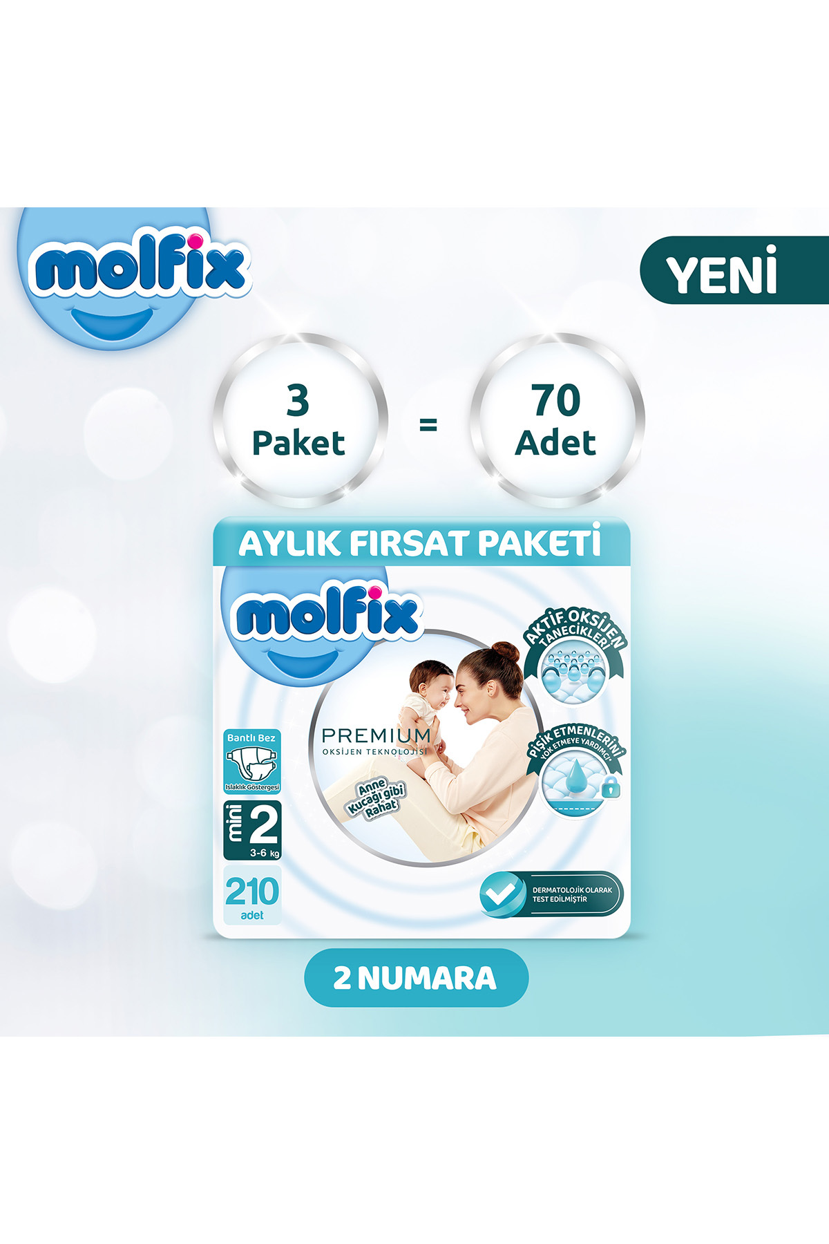 پوشک بچه پکیج فرصت ماهانه پرمیوم 2 سایز 210 عدد اورجینال Molfix