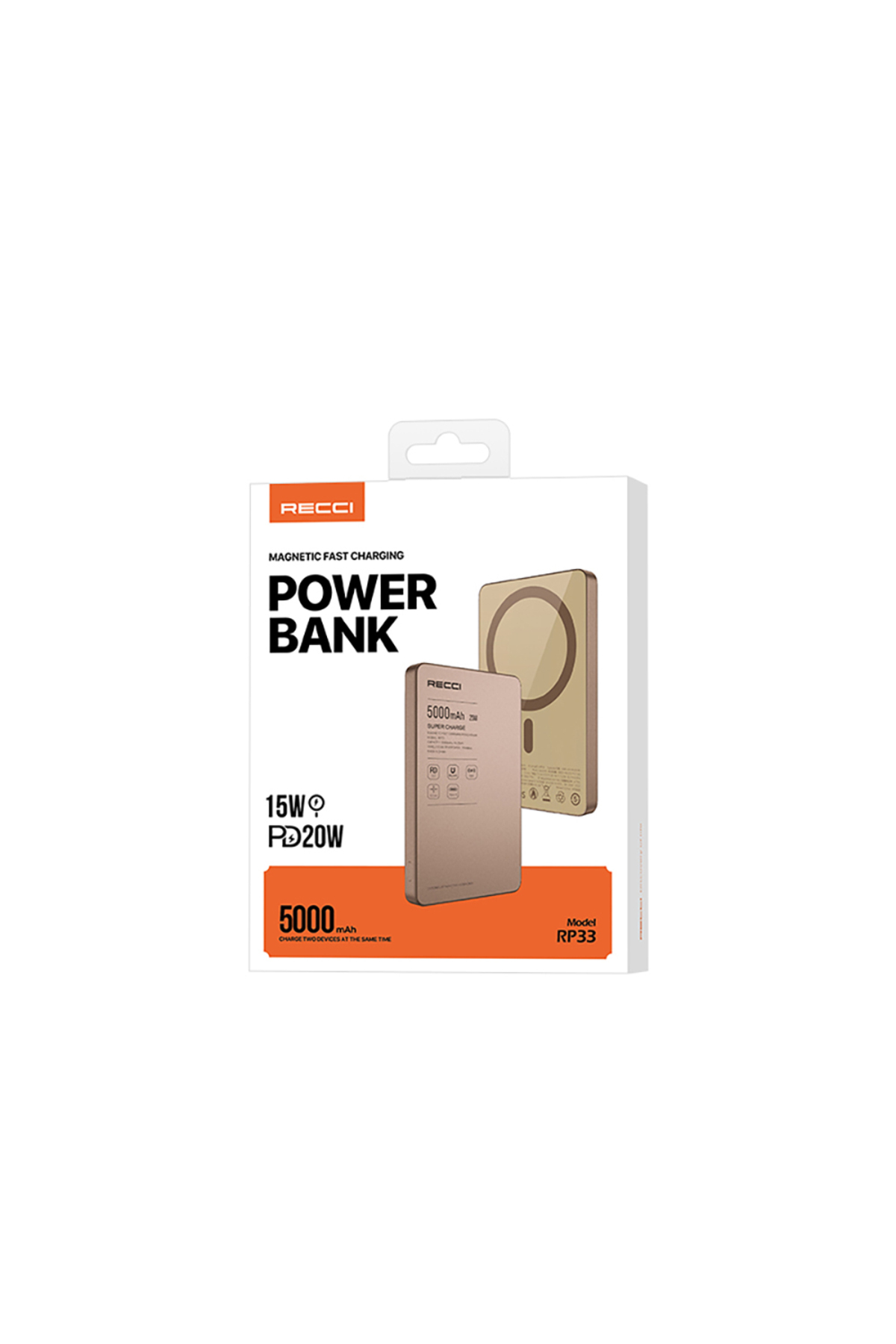 پاوربانک MAGSAFE POWERBANK RECCI RP33 PD 20W ULTRA THIN LED INDICATOR FEATURE CHARGING FAST 15W 5000MAH GOLD اورجینال Recci
