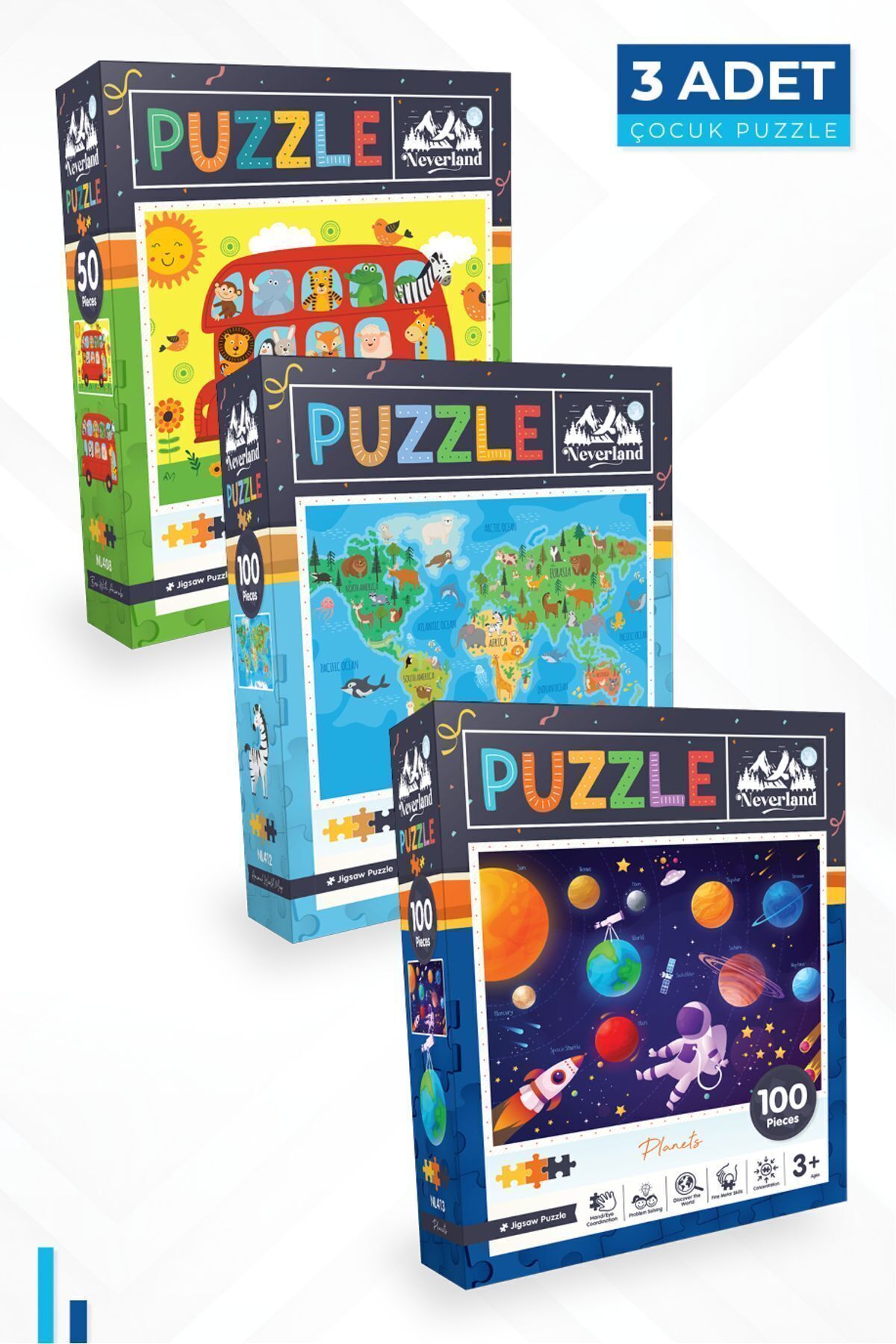 پازل ها و یاپبوزهای کودک دخترانه پسرانه بچگانه 3 بچه 50 P. BUS 100 MAP WORLD ANIMAL PLANETS Neverland
