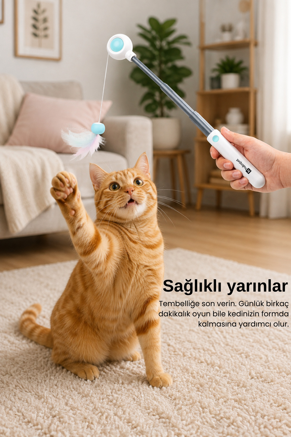 اسباب‌بازی چوب‌دستی گربه هاب‌اسپت Hubspet، تلسکوپی با نخ و ۲ سری یدک، آبی H150