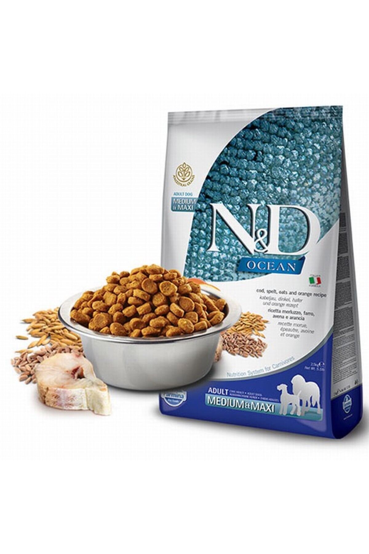 غذای خشک سگ بالغ ان‌اند N&D Ocean با ماهی کاد و پرتقال، کم‌غلات، ۱۲ کیلوگرم