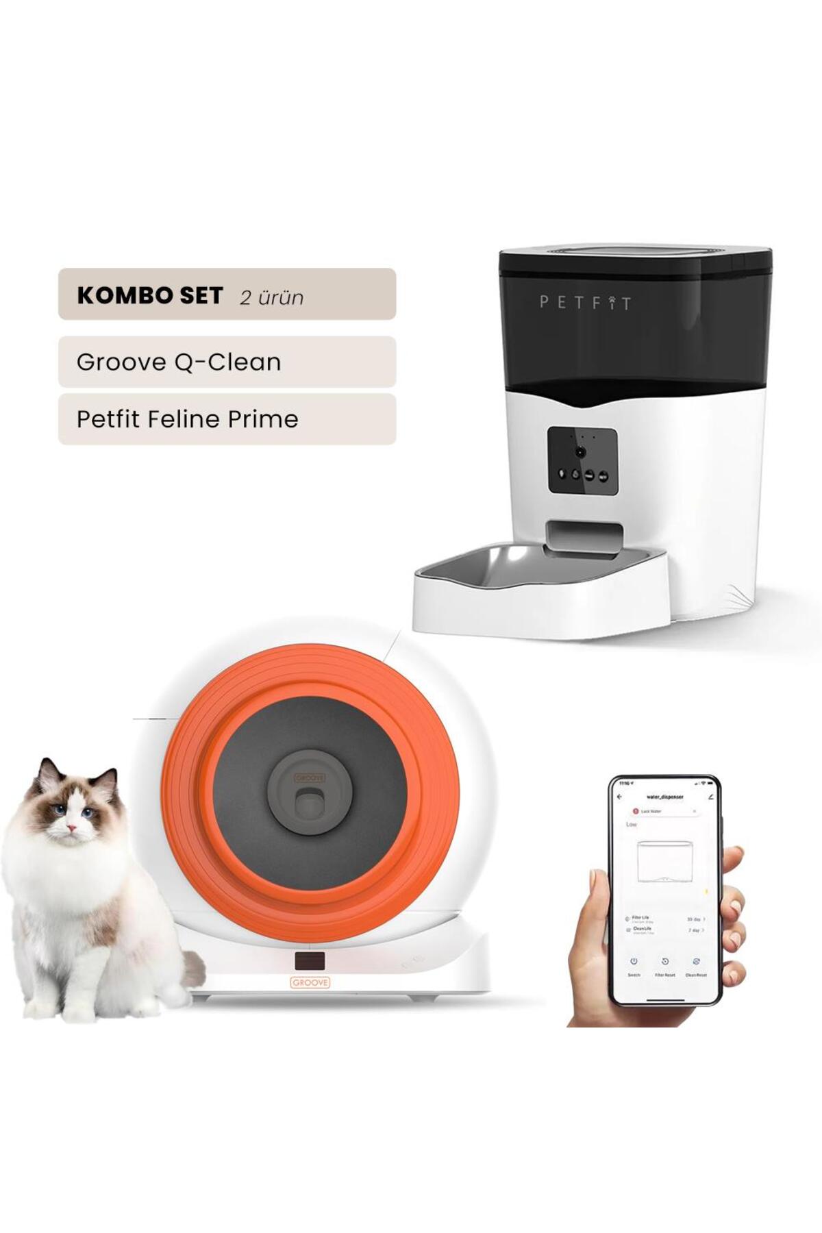 توالت اتوماتیک گربه پت‌فیت Petfit Groove Q-Clean Wi-Fi نارنجی + Feline Prime 3L دوربین‌دار