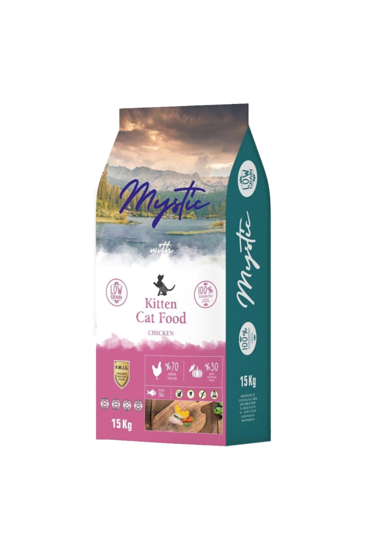 غذای خشک بچه‌گربه میستیک Mystic با طعم مرغ و غلات کم، ۱۵ کیلوگرم