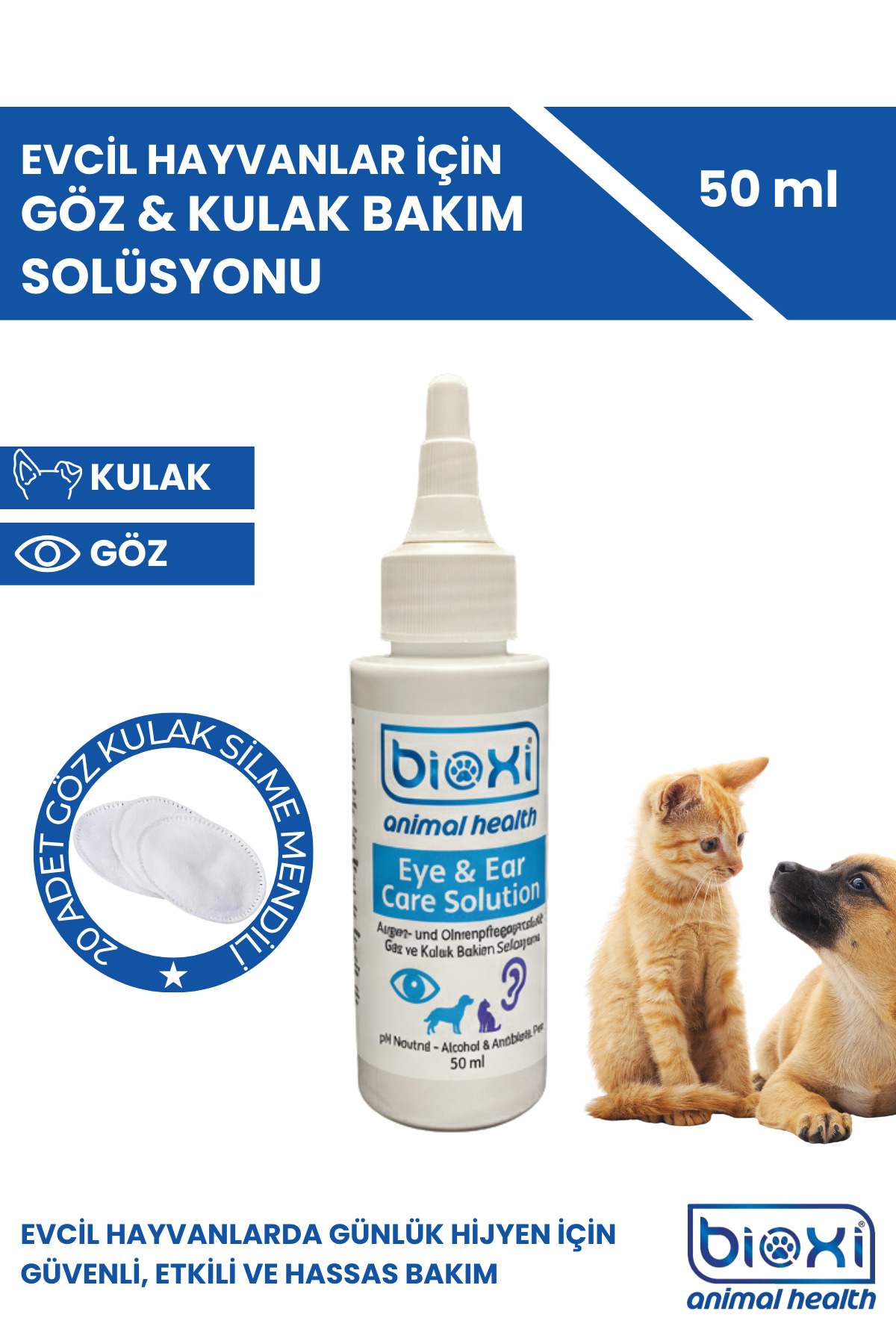 دستمال مراقبت از چشم و گوش حیوانات بیوکسی Bioxi، ۲۰ عددی، ۵۰ میلی‌لیتر