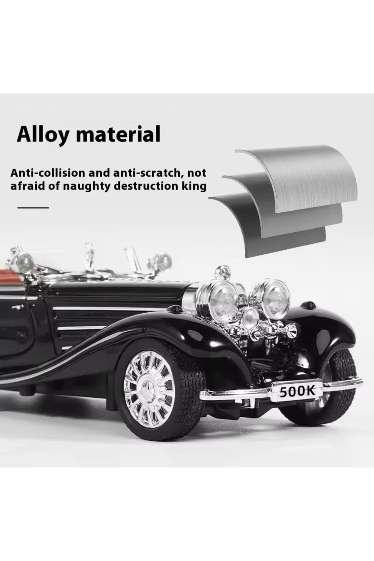 مدل خودرو MERCEDES 500K مشکی OLD کلاسیک درهای باز با صدا و چراغ مرسدس 500 K DIECAST CAR اورجینال SECTOYS