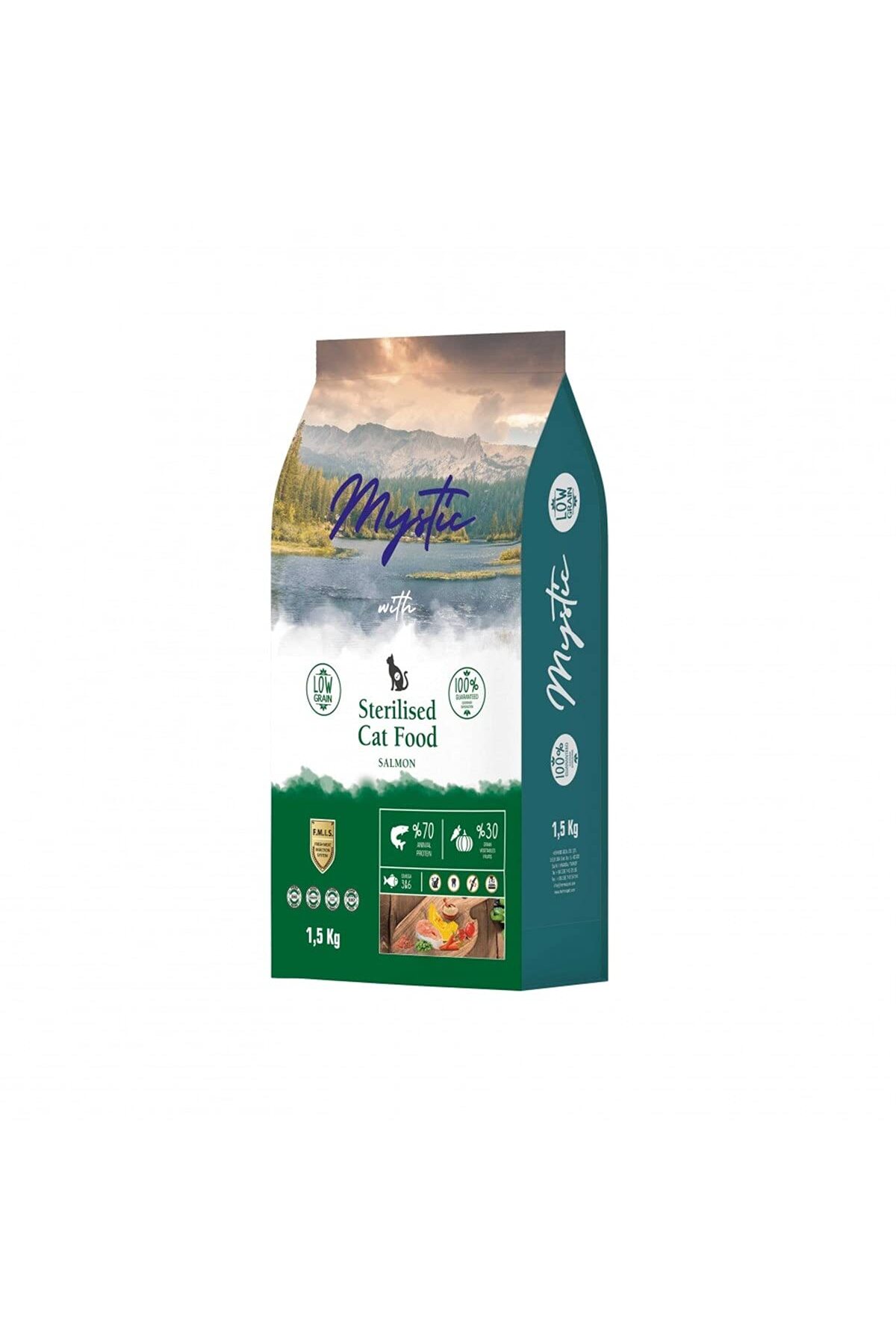 غذای گربه کم‌غله میستیک Mystic برای گربه بالغ عقیم‌شده با سالمون، ۱٫۵ کیلوگرم 1,5 kg
