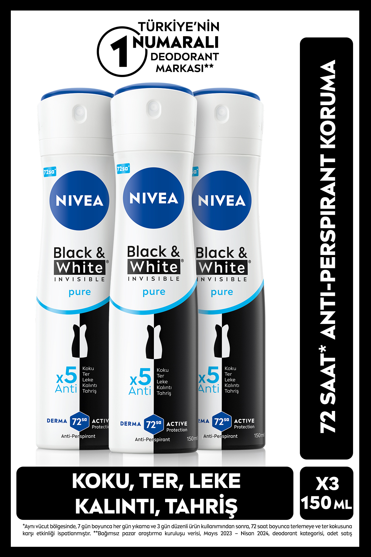 NIVEA اسپری ضد تعریق سیاه و سفید پاک نیویا 150 میلی لیتر بسته 3 عددی زنانه