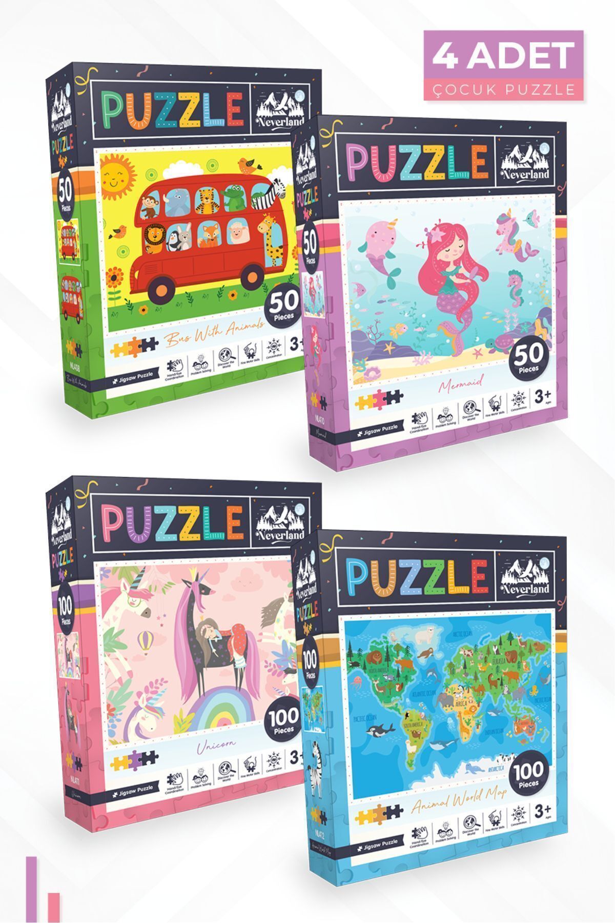 پازل ها و یاپبوزهای کودک دخترانه پسرانه بچگانه 4 بچه 50 P. HADS AND MERMAIDS 100 UNICORN ANIMAL WORLD MAP Neverland