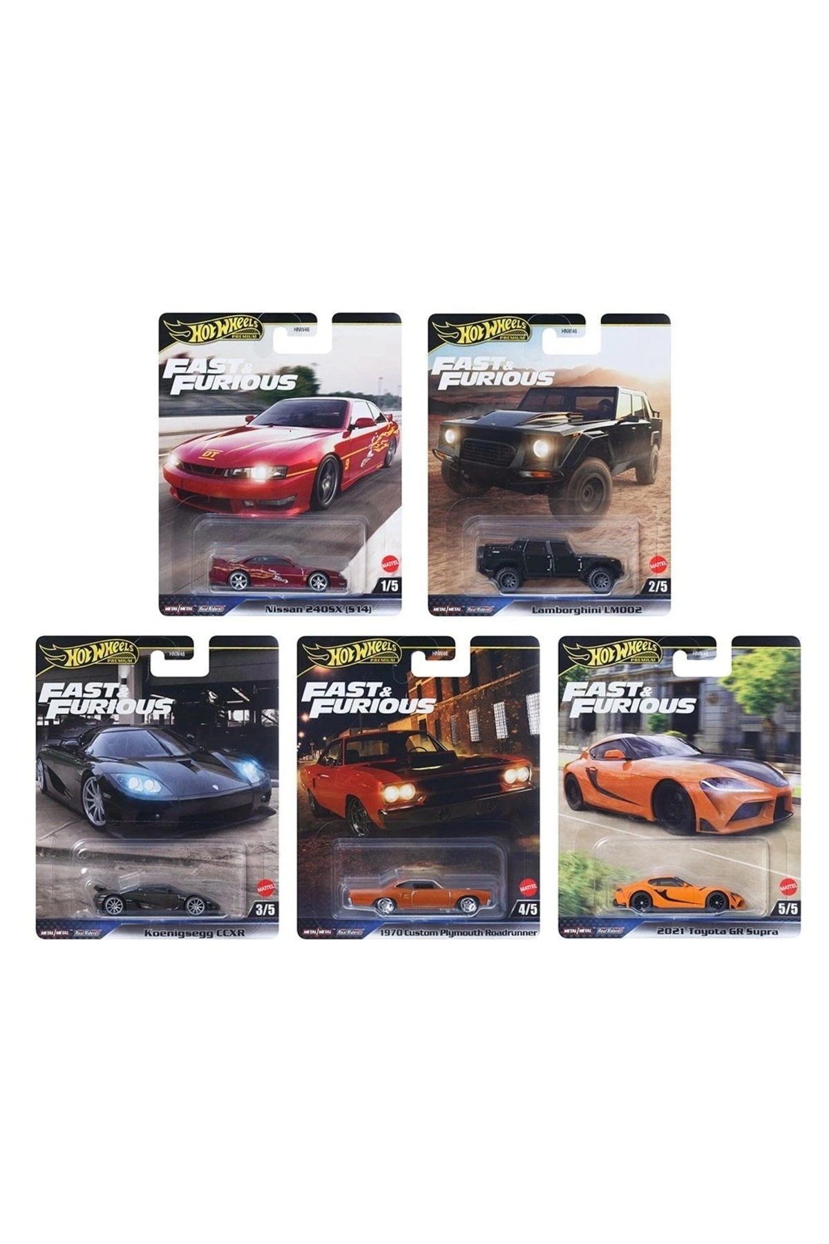 ماشین اسباب بازی ست ممتاز FAST & FURIOUS 5 تایی – نیسان 240SX لامبورگینی LM002 GR SUPRA 1:64 از ترکیه HOT WHEELS