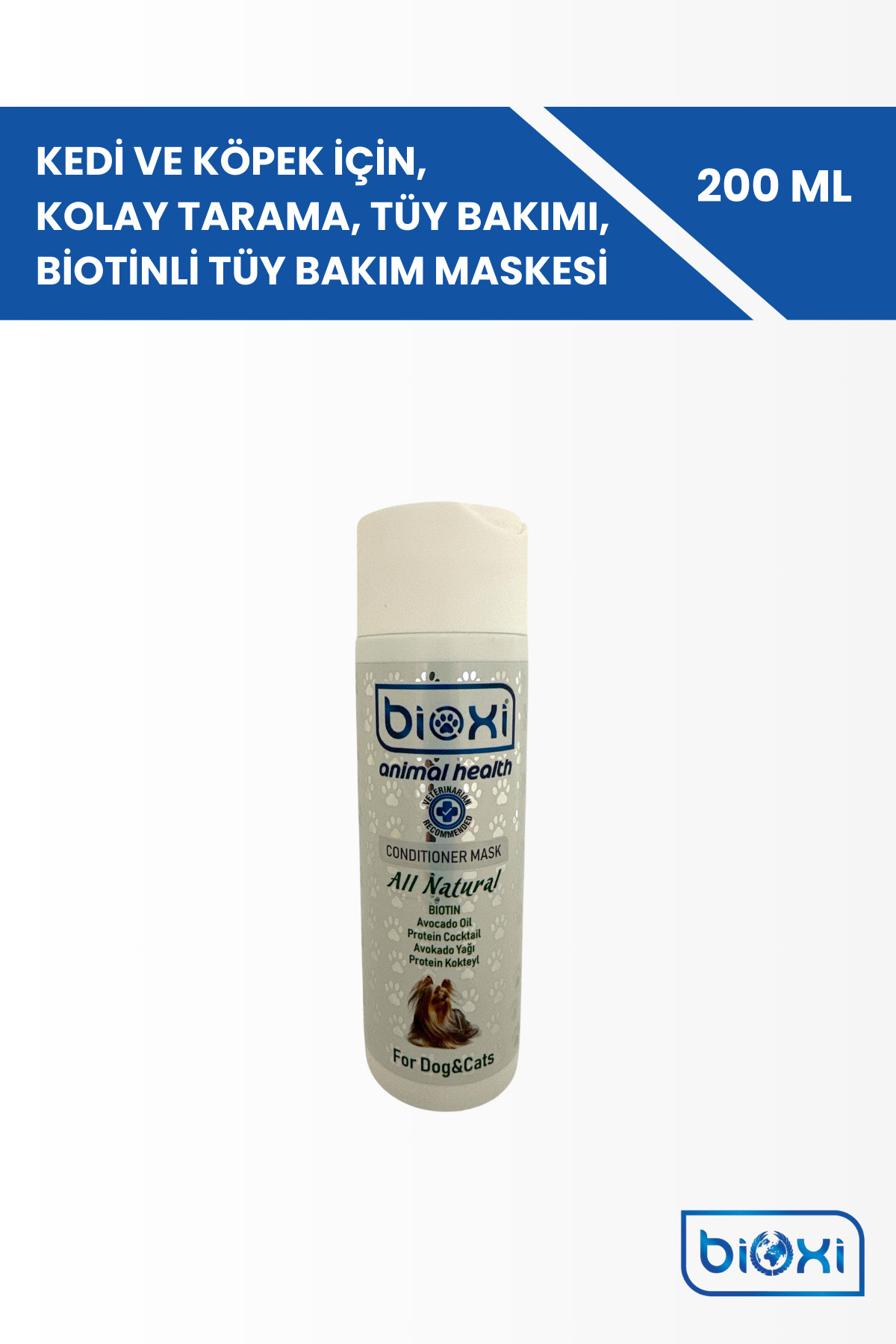 ماسک مراقبت از موی گربه و سگ بایوکسی Bioxi مدل BXK0001، حاوی بیوتین، ۲۰۰ میلی‌لیتر
