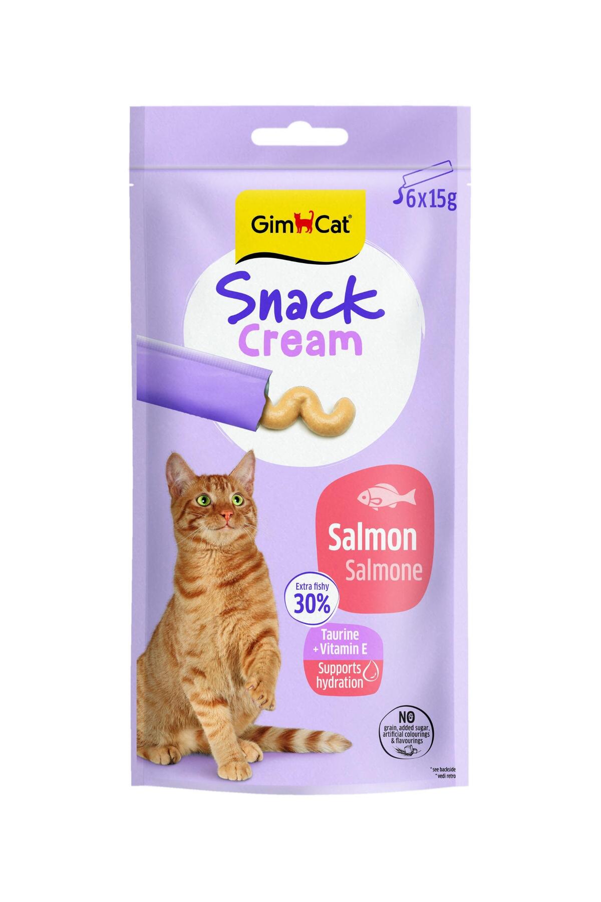 تشویقی کرمی گربه جیم‌کت Gimcat Snack Cream با طعم سالمون، ۶×۱۵ گرم