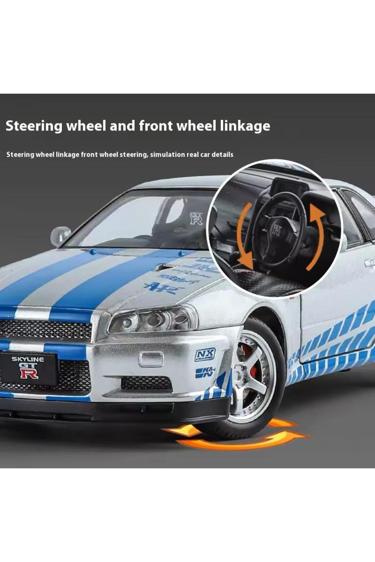 مدل خودرو FAST AND FURIOUS DIECAST 2002 NISSAN SKYLINE GTR R34SILVER BLUE مقیاس 1:24 با صدا و نور اورجینال scntoys