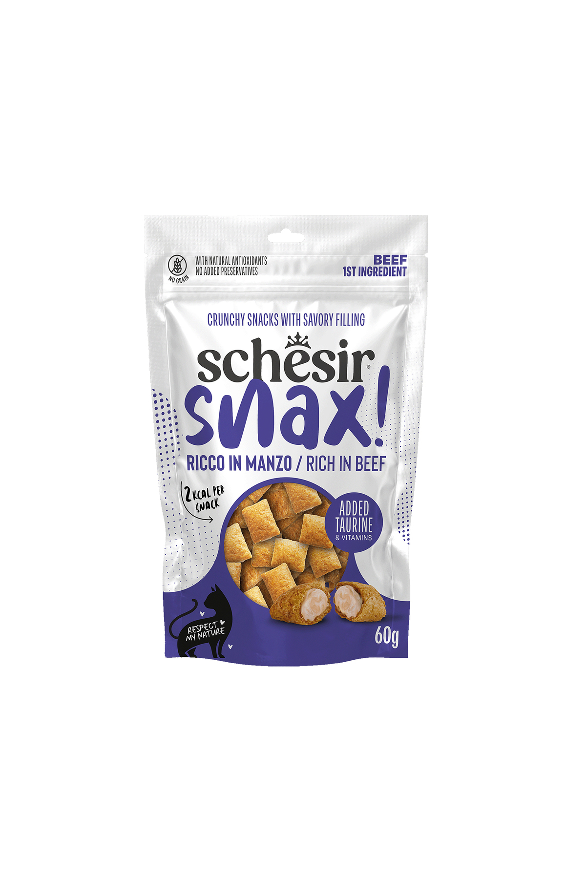 تشویقی گربه مغزدار با گوشت گاو شسیر Schesir Snax، ۶۰ گرم